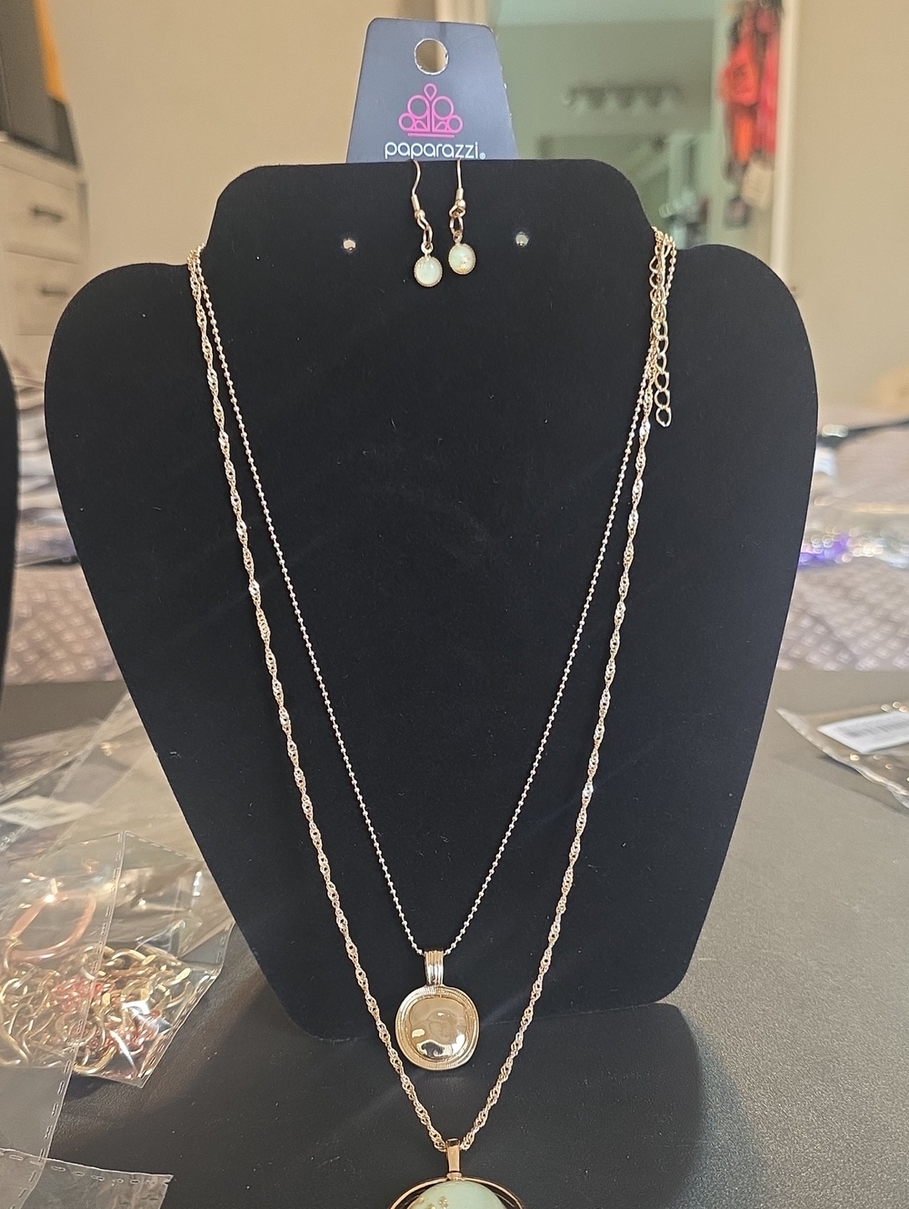 Paparazzi Gold-Tone Double Layer Pendant Necklace with Matching Drop Earrings